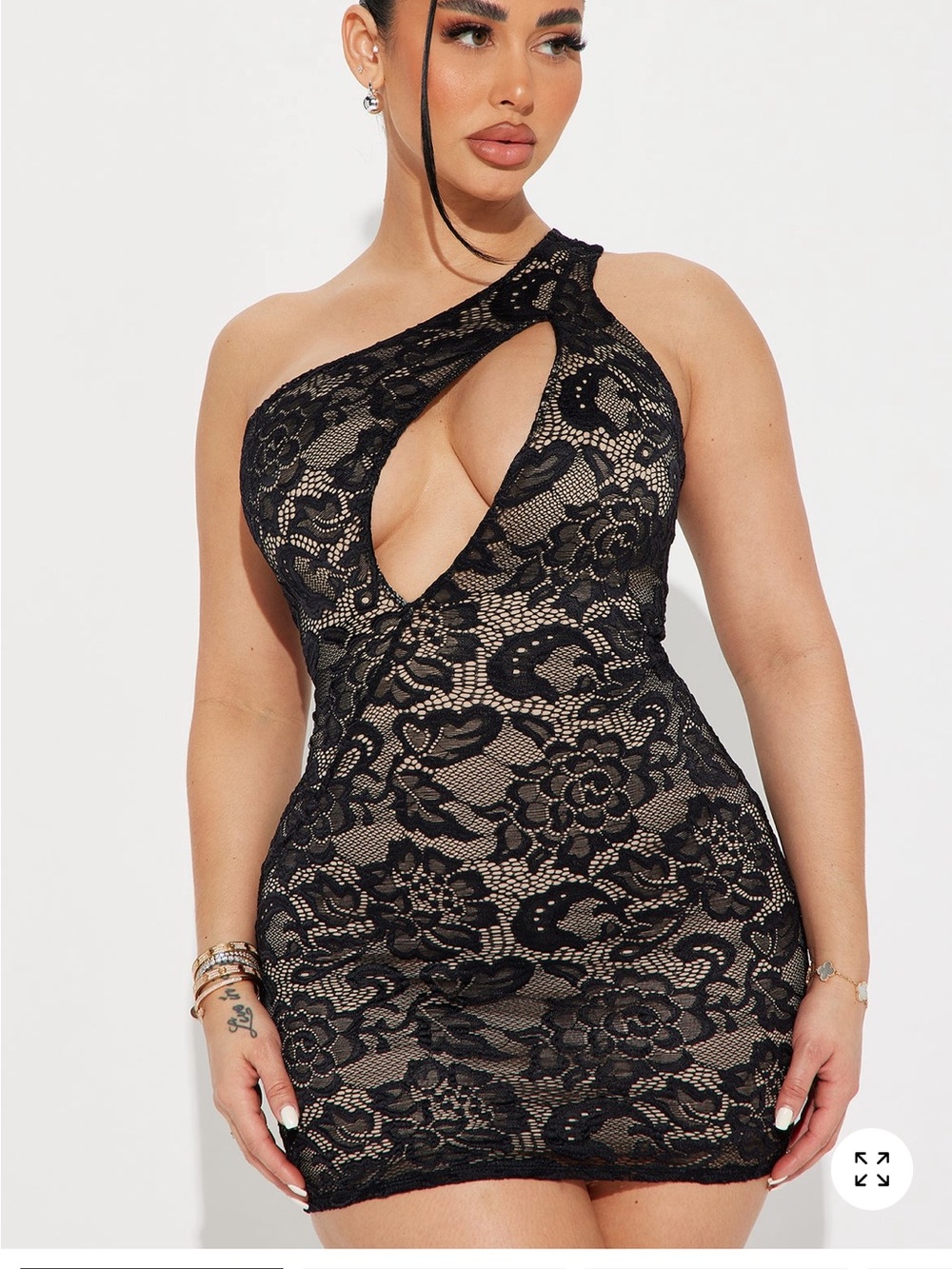 Fashion Nova Black Floral Lace One Shoulder Dress
